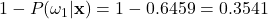 1-P(\omega_{1}|\mathbf{x})=1- 0.6459=0.3541