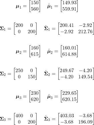 \begin{gather*}     \boldsymbol{\mu}_{1} =     \begin{bmatrix}         150\\         560     \end{bmatrix}     \quad     \hat{\boldsymbol{\mu}}_{1} =     \begin{bmatrix}         149.93\\         559.91     \end{bmatrix} \\     \\     \boldsymbol{\Sigma}_{1} =     \begin{bmatrix}         200 & 0\\         0   & 200     \end{bmatrix}      \quad     \hat{\boldsymbol{\Sigma}}_{1} =     \begin{bmatrix}         200.41 & -2.92\\         -2.92   & 212.76     \end{bmatrix} \\     \\     \boldsymbol{\mu}_{2} =     \begin{bmatrix}         160\\         615     \end{bmatrix}     \quad     \hat{\boldsymbol{\mu}}_{2} =     \begin{bmatrix}         160.01\\         614.88     \end{bmatrix}\\     \\     \boldsymbol{\Sigma}_{2} =     \begin{bmatrix}         250 & 0\\         0   & 150     \end{bmatrix}      \quad     \hat{\boldsymbol{\Sigma}}_{2} =     \begin{bmatrix}         249.67 & -4.20\\         -4.20   & 149.54     \end{bmatrix} \\     \\     \boldsymbol{\mu}_{3} =     \begin{bmatrix}         230\\         620     \end{bmatrix}     \quad     \hat{\boldsymbol{\mu}}_{3} =     \begin{bmatrix}         229.65\\         620.15     \end{bmatrix}\\     \\     \boldsymbol{\Sigma}_{3} =     \begin{bmatrix}         400 & 0\\         0   & 200     \end{bmatrix}     \quad     \hat{\boldsymbol{\Sigma}}_{3} =     \begin{bmatrix}         403.03 & -3.68\\         -3.68   & 196.09     \end{bmatrix} \end{gather*}