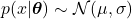 p(\mathby{x}|\boldsymbol{\theta}) \sim \mathcal{N}(\mu,\sigma)