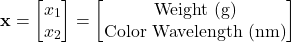 \begin{equation*}     \mathbf{x} =      \begin{bmatrix}         x_{1}\\         x_{2}     \end{bmatrix}      =     \begin{bmatrix}         \text{Weight (g)}\\         \text{Color Wavelength (nm)}     \end{bmatrix} \end{equation*}